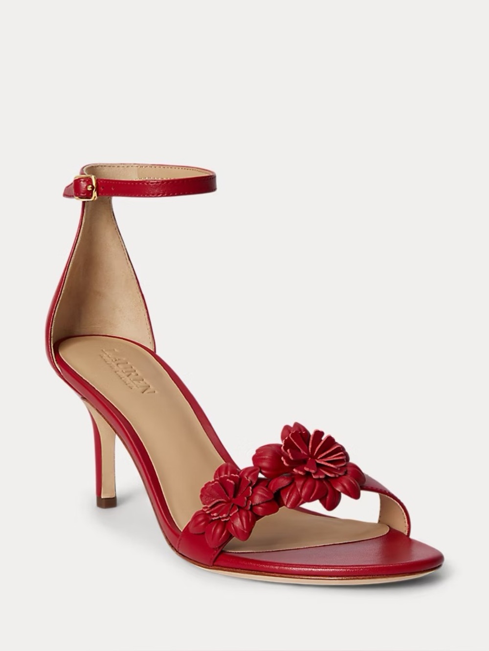 LAUREN RALPH LAUREN ALLIE MID HEEL FLORAL TRIM NAPPA SANDALS IN RED 9